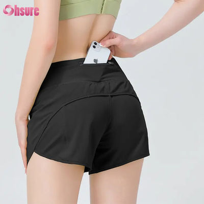 Shorts de roupa ativa feminina de alta qualidade, roupa atlética, shorts de corrida femininos, shorts de suor de ginástica de nylon e spandex com bolsos