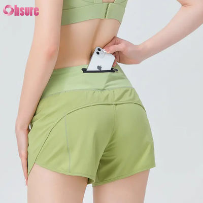 Shorts de roupa ativa feminina de alta qualidade, roupa atlética, shorts de corrida femininos, shorts de suor de ginástica de nylon e spandex com bolsos