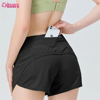 Shorts de roupa ativa feminina de alta qualidade, roupa atlética, shorts de corrida femininos, shorts de suor de ginástica de nylon e spandex com bolsos