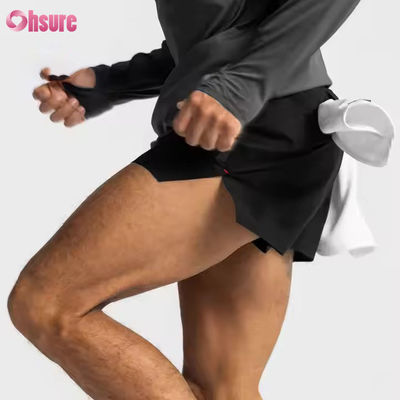 Calções de ginástica masculinos com cintura elástica e bolsos com zíper personalizados, estampados em jacquard, para corrida e treino