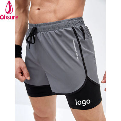 Calções de Ginásio Desportivos 2 em 1 para Homens com Fita Refletora e Cintura com Cordão - Calções de Treino para Homens