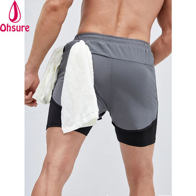 Calções de Ginásio Desportivos 2 em 1 para Homens com Fita Refletora e Cintura com Cordão - Calções de Treino para Homens