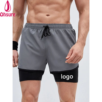 Calções de Ginásio Desportivos 2 em 1 para Homens com Fita Refletora e Cintura com Cordão - Calções de Treino para Homens