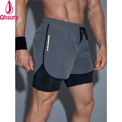 Calções de Ginásio Desportivos 2 em 1 para Homens com Fita Refletora e Cintura com Cordão - Calções de Treino para Homens
