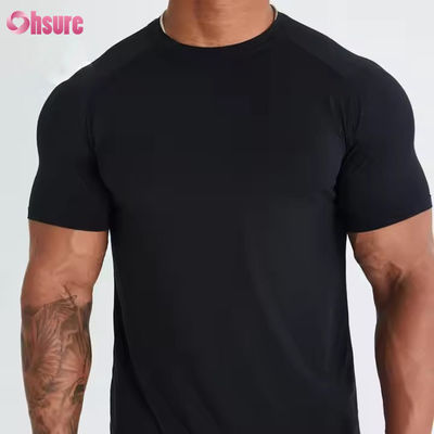 Camiseta masculina de ginástica de secagem rápida, leve e respirável, com malha e tecido misto de poliéster e elastano, manga curta, para musculação