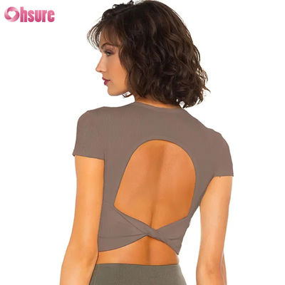 Camiseta esportiva feminina respirável de secagem rápida, sensação de pele nua, alta elasticidade, costas bonitas, para fitness, treino e corrida