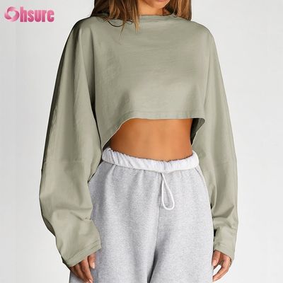 Custom Double Side O Neck Blank Plain Oversized Top Cropped Solid Casual Atlético Spandex Mulheres T-shirt de manga longa