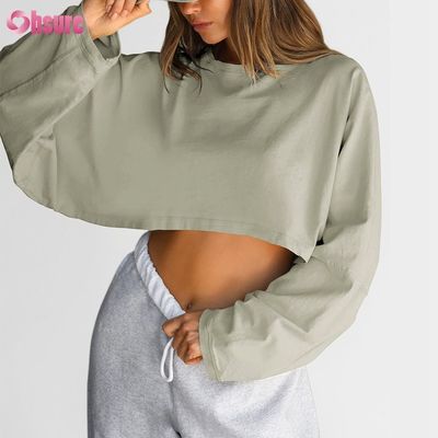Custom Double Side O Neck Blank Plain Oversized Top Cropped Solid Casual Atlético Spandex Mulheres T-shirt de manga longa