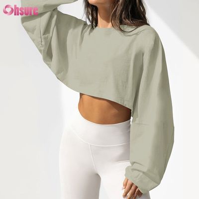Custom Double Side O Neck Blank Plain Oversized Top Cropped Solid Casual Atlético Spandex Mulheres T-shirt de manga longa