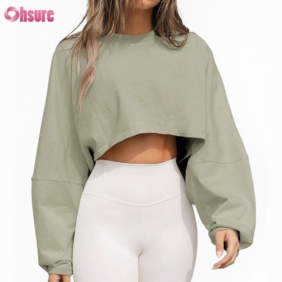 Custom Double Side O Neck Blank Plain Oversized Top Cropped Solid Casual Atlético Spandex Mulheres T-shirt de manga longa