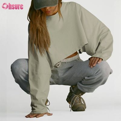 Custom Double Side O Neck Blank Plain Oversized Top Cropped Solid Casual Atlético Spandex Mulheres T-shirt de manga longa