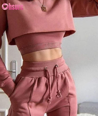 Tecido de algodão orgânico de cor sólida 3 peças Crop Top Jogger Set 2025 Causal 2 peças Loungewear Sets para mulheres Lounge Wear Sets