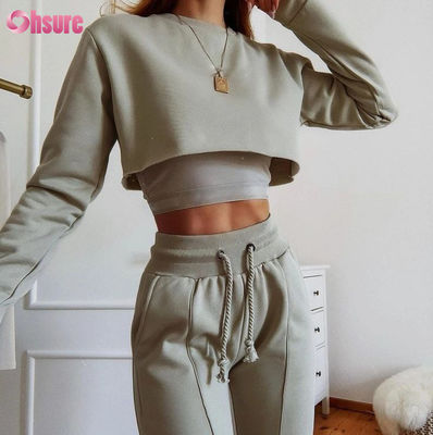 Tecido de algodão orgânico de cor sólida 3 peças Crop Top Jogger Set 2025 Causal 2 peças Loungewear Sets para mulheres Lounge Wear Sets