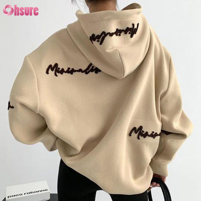 Padrão personalizado Pullover feminino oversize Hoodie Carta bordada Impressão estilo vintage Manga Raglan para Outono