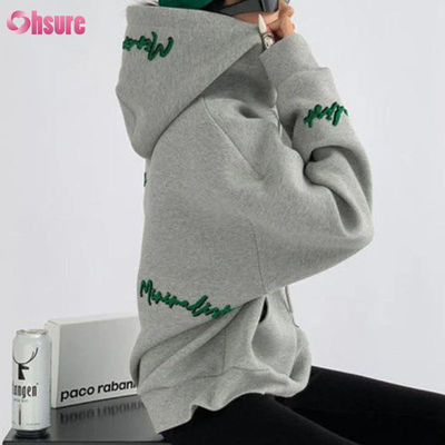 Padrão personalizado Pullover feminino oversize Hoodie Carta bordada Impressão estilo vintage Manga Raglan para Outono