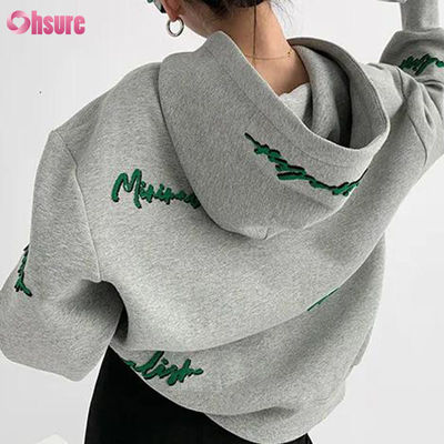Padrão personalizado Pullover feminino oversize Hoodie Carta bordada Impressão estilo vintage Manga Raglan para Outono