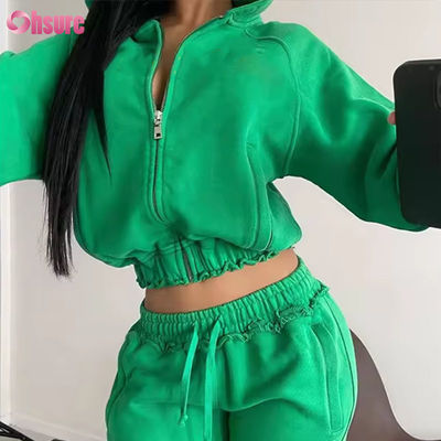 High Quality Cotton Cropped Zip Hoodie para Mulheres Custom Logo Bordado Francês Terry Oversized Zipper Winter Hooded Coat