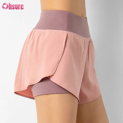 Shorts de corrida femininos de cintura alta, de secagem rápida, com camada dupla, calças atléticas de treino, bolsos, respiráveis, para fitness e ioga