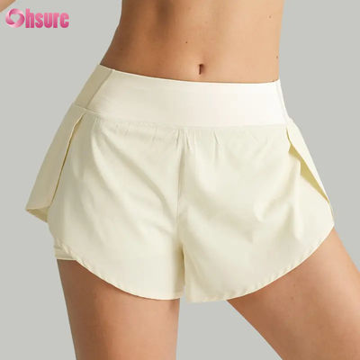 Shorts de corrida femininos de cintura alta, de secagem rápida, com camada dupla, calças atléticas de treino, bolsos, respiráveis, para fitness e ioga