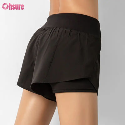 Shorts de corrida femininos de cintura alta, de secagem rápida, com camada dupla, calças atléticas de treino, bolsos, respiráveis, para fitness e ioga
