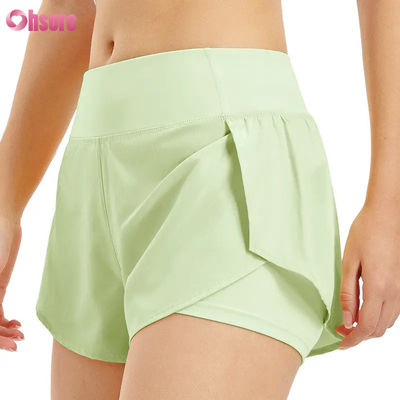 Shorts de corrida femininos de cintura alta, de secagem rápida, com camada dupla, calças atléticas de treino, bolsos, respiráveis, para fitness e ioga