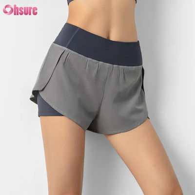 Shorts de corrida femininos de cintura alta, de secagem rápida, com camada dupla, calças atléticas de treino, bolsos, respiráveis, para fitness e ioga