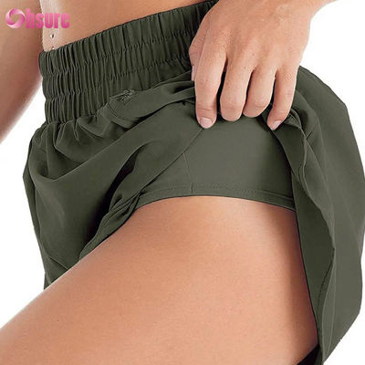Calções esportivos de secagem rápida com cintura alta e elástico de moda para correr e exercícios com bolsos