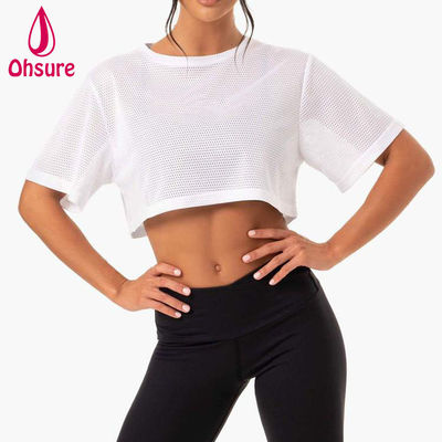 Logotipo personalizado camiseta casual de malha de espandêx tecido de tripulação pescoço roupas femininas ginásio de mulheres camisas de aquecimento de mulheres