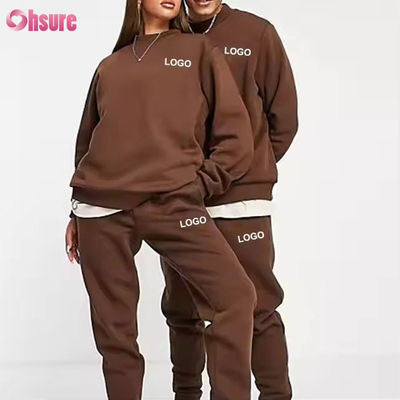 Homens personalizados Hoodies e Jogger Sets Logotipo sólido Brown Sweatsuit Unisex algodão solto com nervuras Traje Unisex