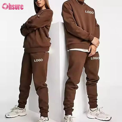 Homens personalizados Hoodies e Jogger Sets Logotipo sólido Brown Sweatsuit Unisex algodão solto com nervuras Traje Unisex