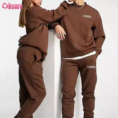 Homens personalizados Hoodies e Jogger Sets Logotipo sólido Brown Sweatsuit Unisex algodão solto com nervuras Traje Unisex
