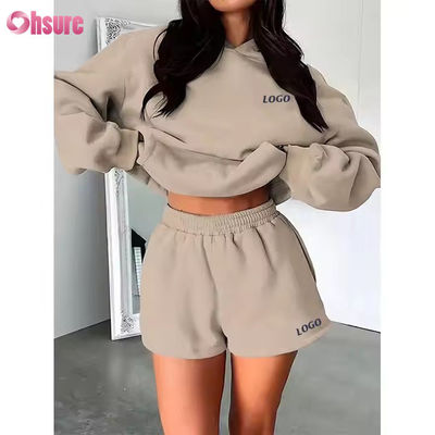F240140 Conjuntos Curtos Personalizados Conjunto de Duas Peças Feminino Moletom com Capuz Liso Manga Longa e Conjunto de Shorts de Ginástica Roupas de Primavera para Mulheres