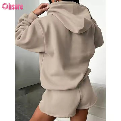 F240140 Conjuntos Curtos Personalizados Conjunto de Duas Peças Feminino Moletom com Capuz Liso Manga Longa e Conjunto de Shorts de Ginástica Roupas de Primavera para Mulheres