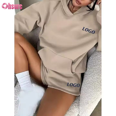 F240140 Conjuntos Curtos Personalizados Conjunto de Duas Peças Feminino Moletom com Capuz Liso Manga Longa e Conjunto de Shorts de Ginástica Roupas de Primavera para Mulheres