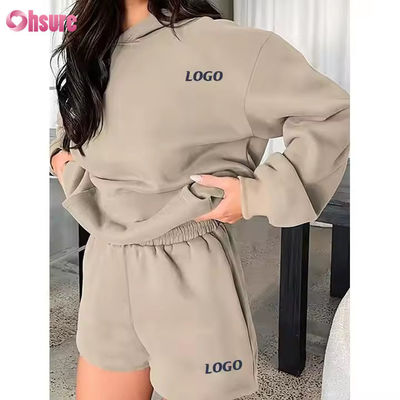 F240140 Conjuntos Curtos Personalizados Conjunto de Duas Peças Feminino Moletom com Capuz Liso Manga Longa e Conjunto de Shorts de Ginástica Roupas de Primavera para Mulheres