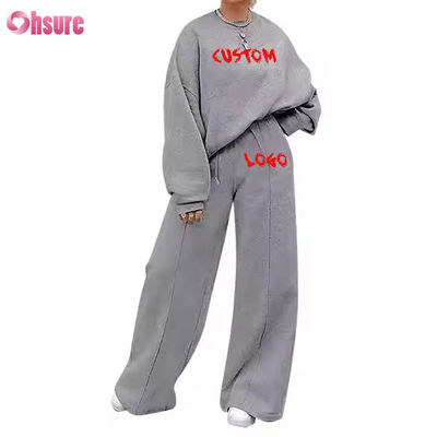 Custom Plus Size Casual Wear Fashion 2 Piece Set Jogger Sweatshirt Pantalões largos Flared Sweatsuit para mulheres