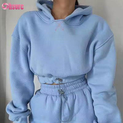 Conjunto de calças de moletom e moletons de algodão fleece de alta qualidade OEM, top com capuz cropped para exterior, conjunto de duas peças, roupa feminina