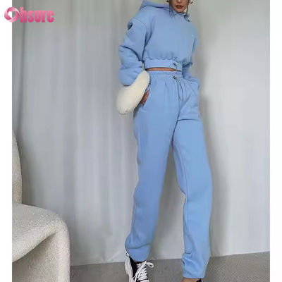 Conjunto de calças de moletom e moletons de algodão fleece de alta qualidade OEM, top com capuz cropped para exterior, conjunto de duas peças, roupa feminina