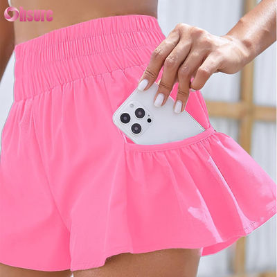 Shorts atléticos femininos de cintura alta para corrida, treino, academia, secagem rápida, folgados, com bolsos, cor sólida, shorts de secagem rápida