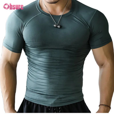 Camiseta de ginástica masculina de secagem rápida, justa, para fitness, poliéster, para musculação, com padrão liso
