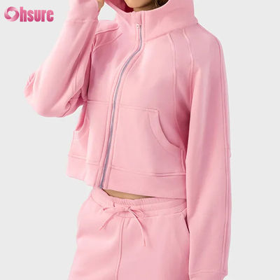 Jaqueta de treino feminina com zíper completo vintage com logotipo personalizado para corrida de inverno, ioga, academia, capuz, orifícios para polegar, forro de tecido de malha