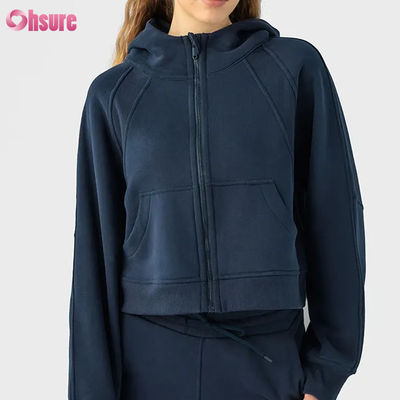 Jaqueta de treino feminina com zíper completo vintage com logotipo personalizado para corrida de inverno, ioga, academia, capuz, orifícios para polegar, forro de tecido de malha