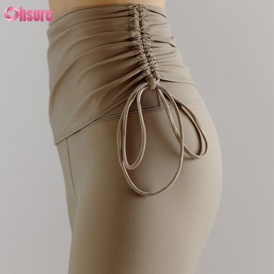 Calças de ginástica mistas de nylon e spandex reciclado Leggings de treino com cordão ajustável para mulheres 1 peça completa Yoga de cintura alta Roupa de ioga comprimento total