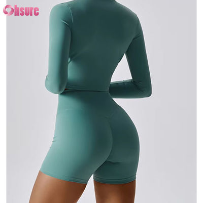 Top curto esportivo de fitness com zíper completo em nylon/elastano 230GSM, manga longa, logotipo personalizado, roupa esportiva com zíper para mulheres