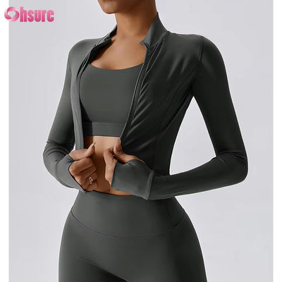 Top curto esportivo de fitness com zíper completo em nylon/elastano 230GSM, manga longa, logotipo personalizado, roupa esportiva com zíper para mulheres