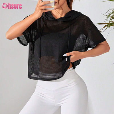 Roupa de treino com capuz solto com perspectiva, suéter esportivo com ombros caídos e manga curta para mulheres, ioga, cor sólida básica casual