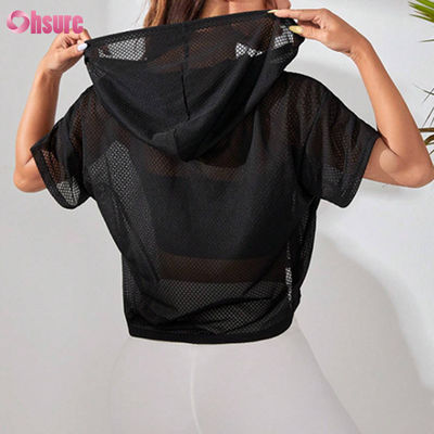 Roupa de treino com capuz solto com perspectiva, suéter esportivo com ombros caídos e manga curta para mulheres, ioga, cor sólida básica casual