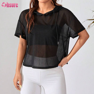 Roupa de treino com capuz solto com perspectiva, suéter esportivo com ombros caídos e manga curta para mulheres, ioga, cor sólida básica casual