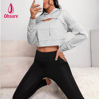 Ohsure Fitness Mulheres Soltas Casual Outono Traje Yoga Básico Drop Shoulder Drawstring Crop Sports Hoodie