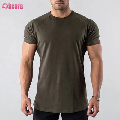 Camiseta masculina de ginástica para musculação com bainha curva e alongada, lisa, com mistura de 95% algodão e 5% elastano, com logotipo personalizado